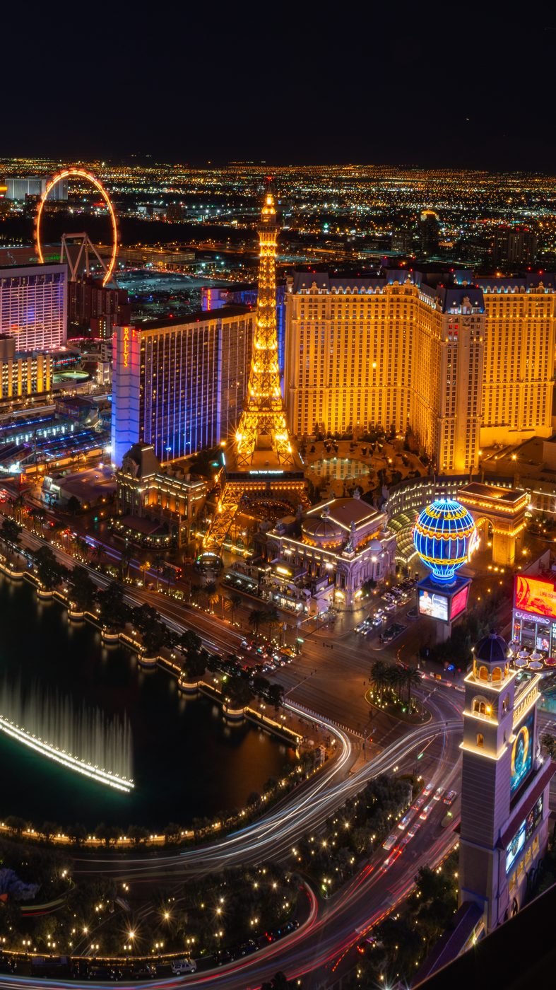 Las Vegas Strip at night — Eiffel Tower and High Roller
